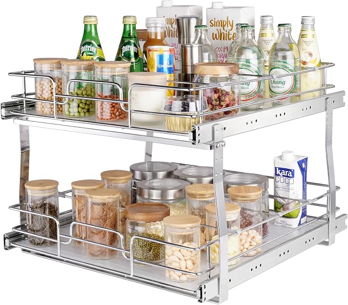 VEVOR 2 Tier 20"Wx21.2"Dx15.2"HPull Out Cabinet Organizer, Heavy Duty Slide Out Pantry Shelves, Steel Roll Out Drawers, Sliding Drawer Storage for Home, 21.5"Wx22.5"Dx19"H Install Size for Cabinet