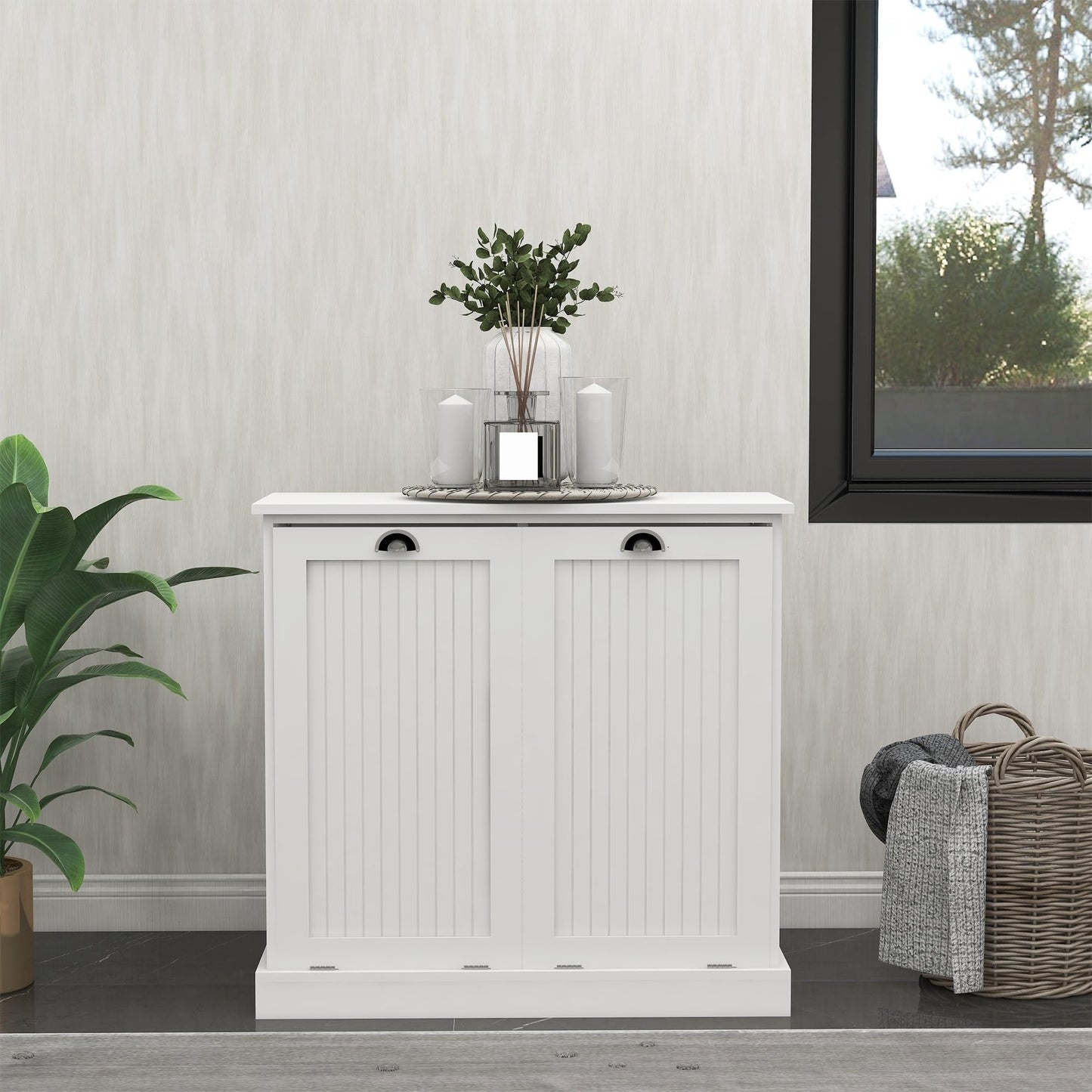 Contemporary Storage Cabinet, Two-Compartment Tilt-Out Laundry Sorter Cabinet, for Bathroom Hallway