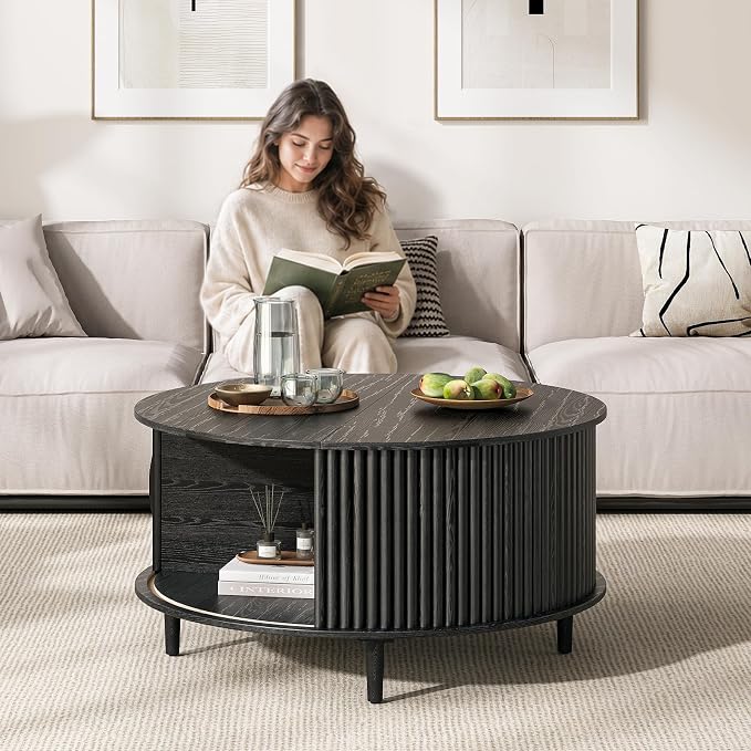 JOINICE,Black Round Coffee Table with Storage, 31.5" Fluted Center Table with Sliding Door, Modern Circle Drum Accent Table for Living Room, Sleek Wood Furniture for Small Spaces & Apartments