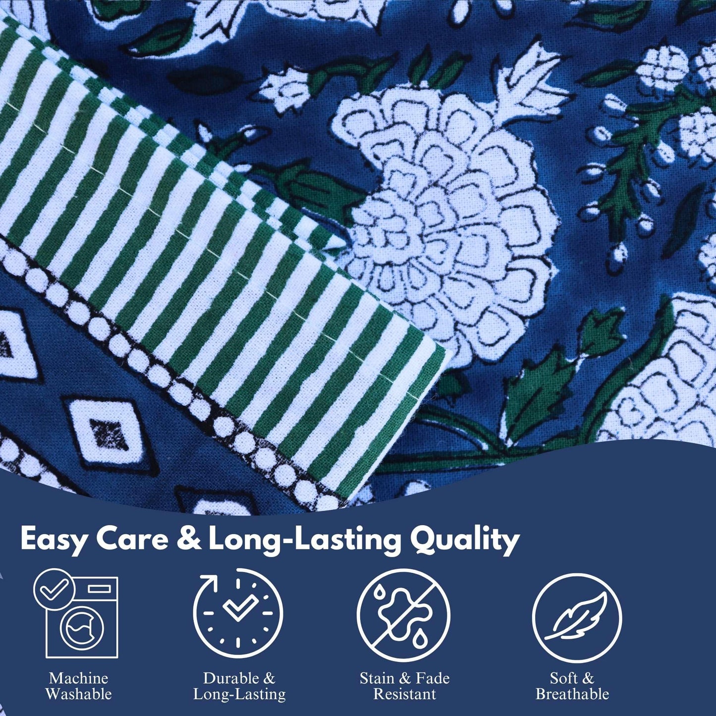 HANDICRAFT HANDLOOM Handblock Print Cotton Tablecloth – 90 Round Table Cover Seats 6–8 – Indian Block Printed Floral Dining Table Linen – Boho Washable Cloth for Kitchen, Party, Outdoor (Dark Blue)