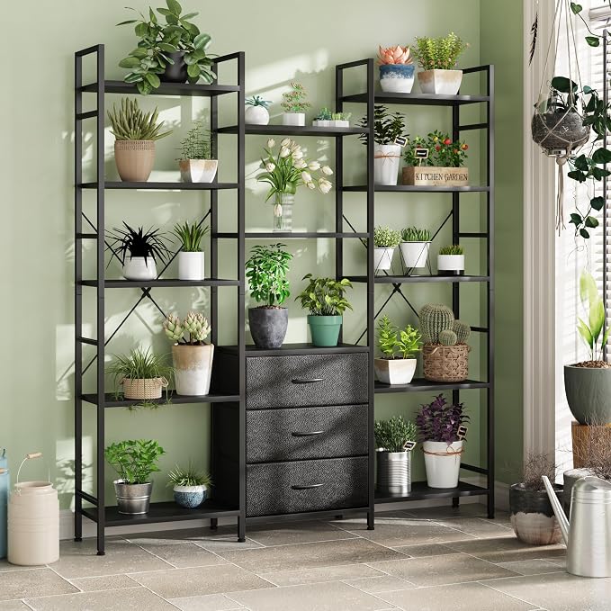 AFLUI Triple Bookshelf with 3 Fabric Drawers, 5-Tier Book Shelf and 10 Display Shelves, Industrial Large Bookcase for Home & Office, Black, 47'' Wide