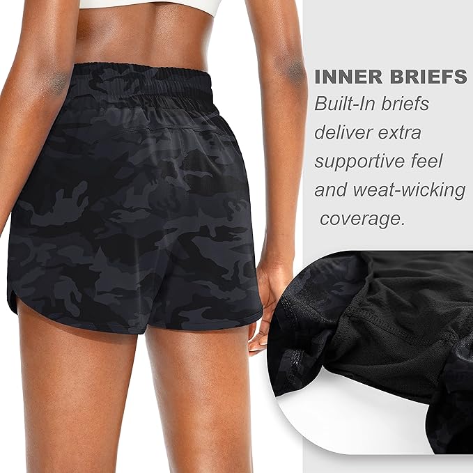 SANTINY Women's Running Shorts with Zip Pockets High Waisted Athletic Workout Gym Shorts for Women with Liner