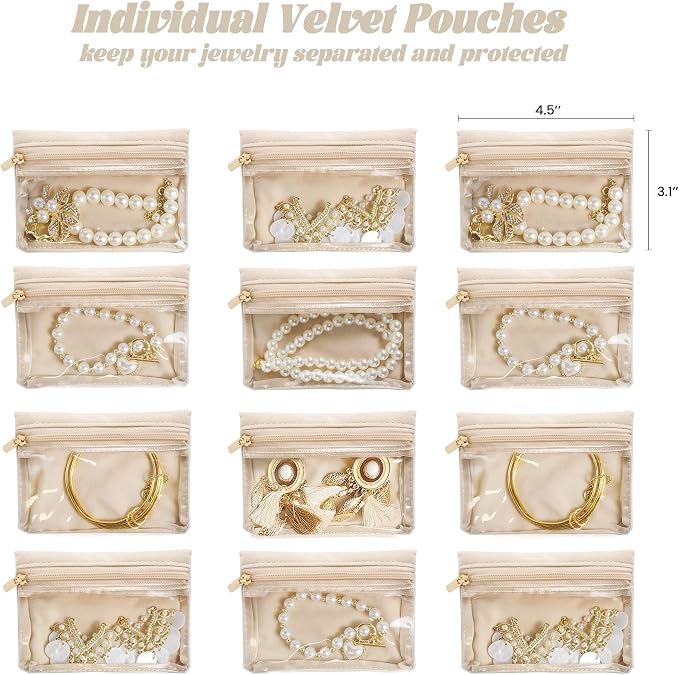 Travel Jewelry Case, Small Travel Jewelry Box with 12 Velvet Jewelry Bag Mini Pouch, Portable Travel Jewelry Organizer for Rings Earrings Necklaces (Beige 12 Pcs)