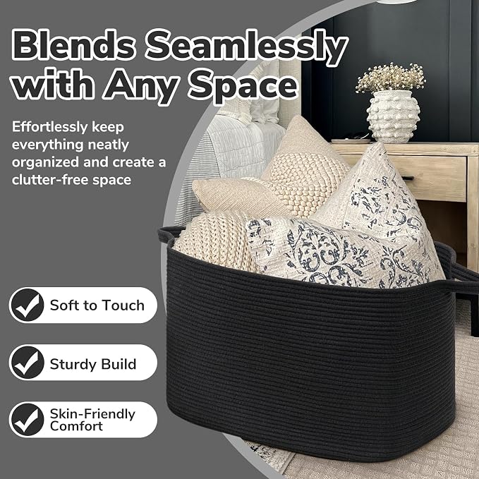 Goodpick Extra Large Storage Basket, 23.6" x 15.7" x 13.8" Rectangle Cotton Rope Basket for Blankets, Pillows, Toys, Woven Dirty Clothes Baskets for Laundry, Black
