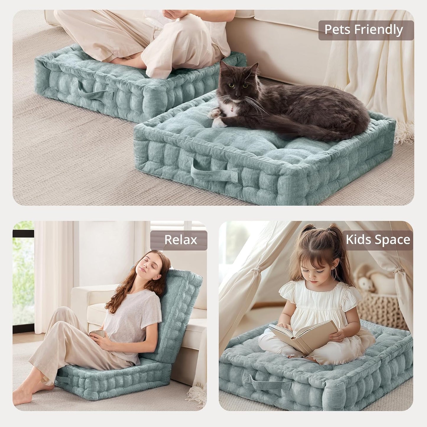 Intelligent Design Large Floor Pillow for Adults Yoga or Meditation Cushion with Handle, Floor Cushion for Board Games, Lustrous Chenille Tufted, Handsewn Scalloped Edge, Azza, 24" x 24" x 5" Aqua