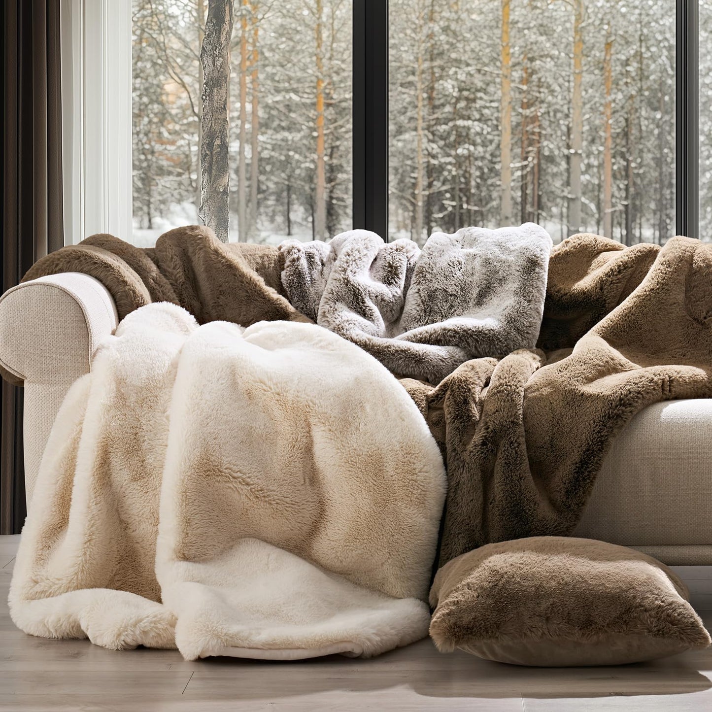 EVERGRACEHOME Luxury Soft Faux Chinchilla Fur Throw Blanket for Couch, Warm Thick Heavy Winter Throw Blanket 1220GSM for Bed, Fluffy Cozy Mink Blanket with Reversible Velvet, Champagne Fawn, 60"x80"