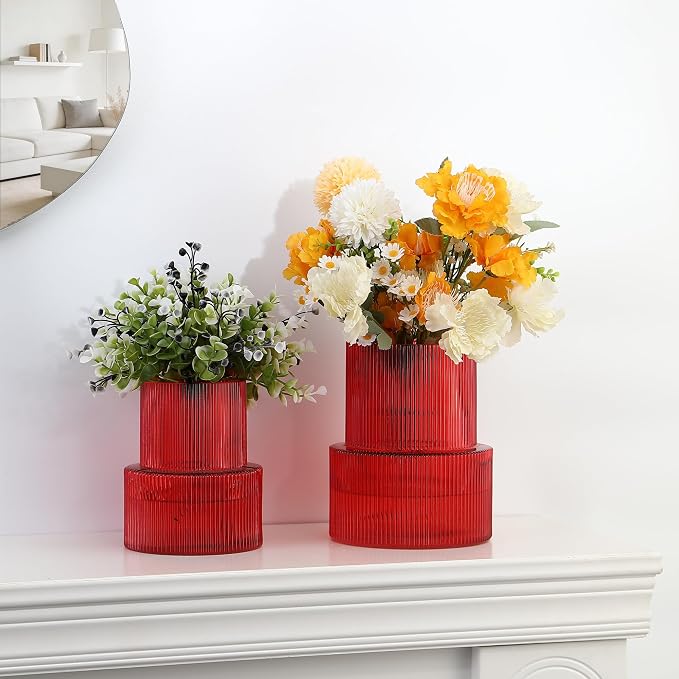 Ribbed Glass Vases for Bouquet, Set of 2 Red Vases for Flowers, Red Glass Vase for Tulips, Modern Vase for Living Room, Office, Coffe Table, Dining Table, Shelf, Wedding