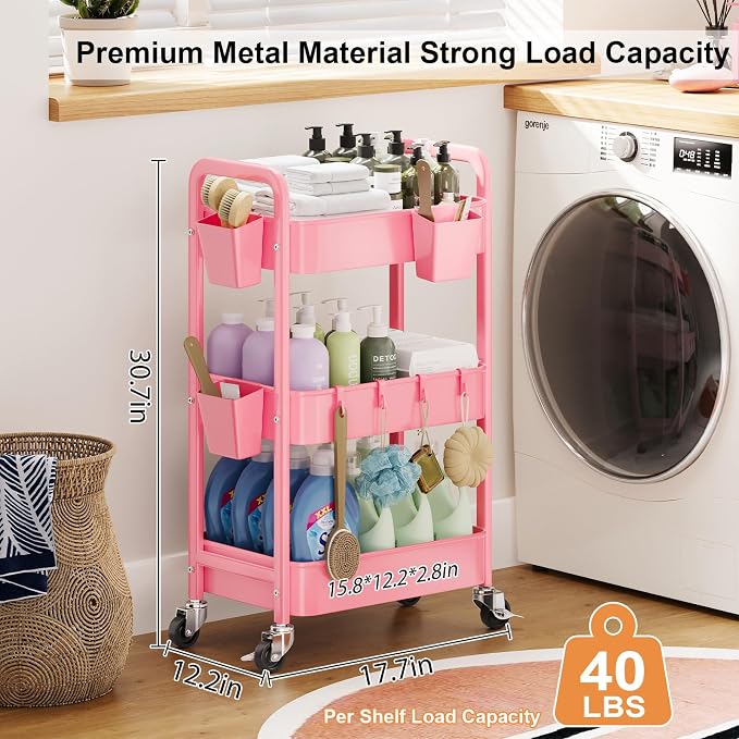 3 Tier Rolling Cart with Wheels, Metal Utility Storage Cart on Wheels, Craft Carts Organizer with Hanging Cups, Hooks, Three Tiered Rolling Carts for Bathroom, Laundry Room, Nursery, Office, Pink