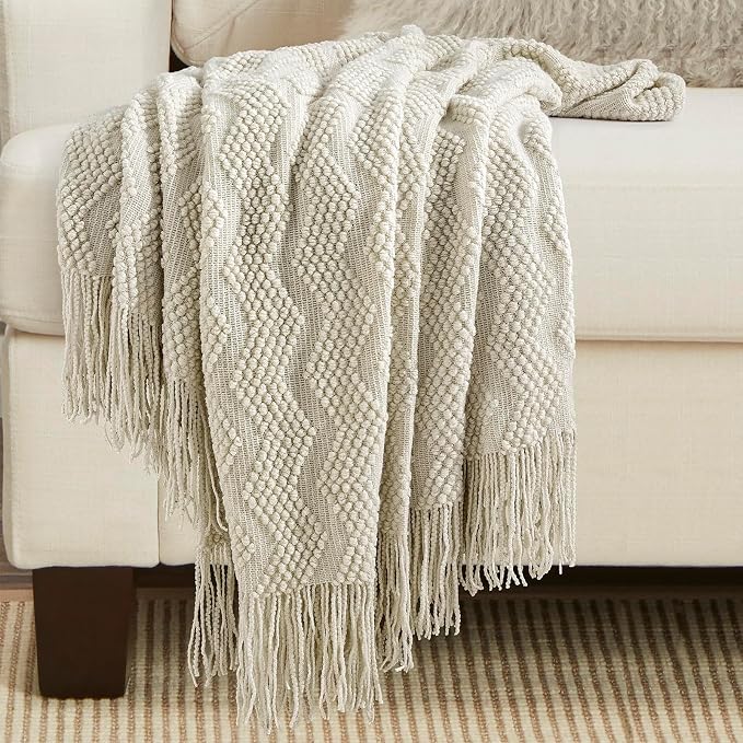 BOURINA Beige Throw Blanket 50x60 Inches Throw Textured Solid Soft Ripple Throws and Blankets for Sofa or Bed Knitted Decorative Throw