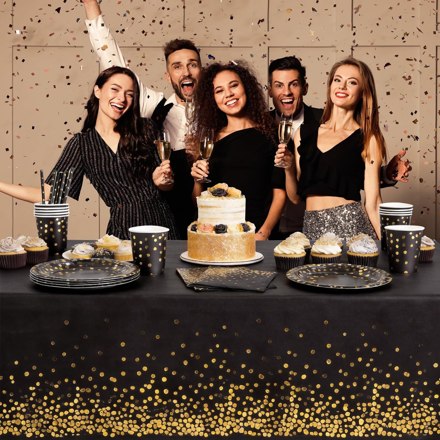 PHOGARY 61 Pcs Black Gold Disposable Tableware Set, Paper Plates and Napkins Party Supplies Dinnerware Golden Dot Black Plates Cups Straws Napkins Plastic Tablecloths for Birthday Party Decorations