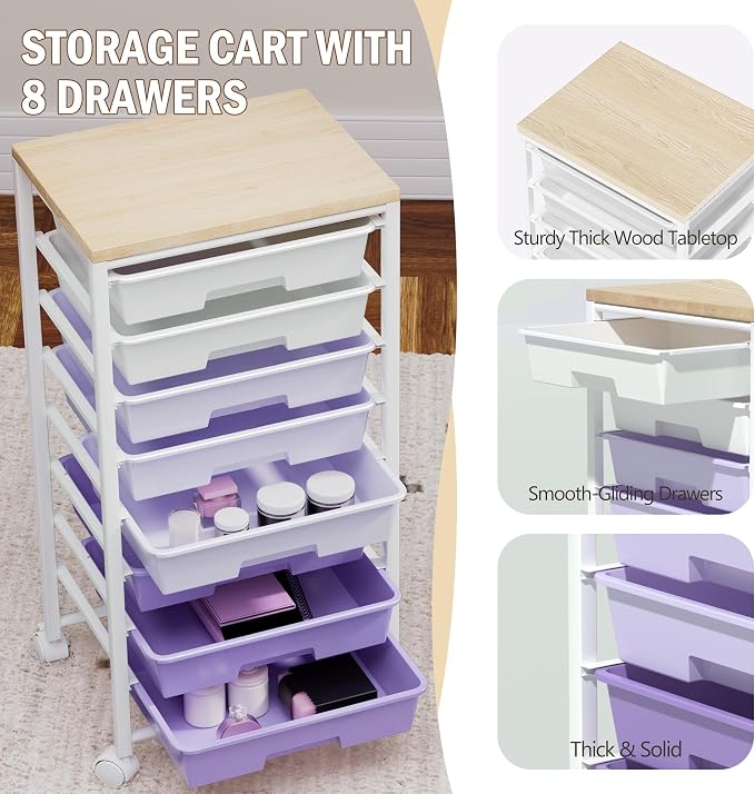 Rolling Cart with 8 Drawers, Storage Drawers Cart with Wooden Tabletop and Lockable Wheels, Craft Storage for Living Room, Office, Classroom, Craft Room, Bedroom (Purple)