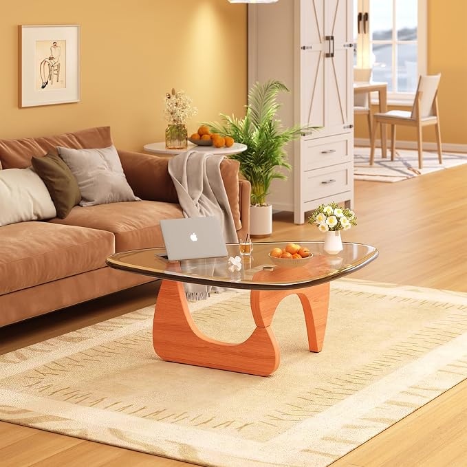 Coffee Table for Living Room Mid Century Modern Center Small Table with Glass Top and Wood, Walnut Transparent(45 Inch)