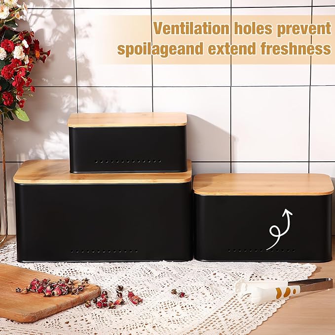 Honeydak 3 Pcs Metal Storage Box with Lid Nesting Farmhouse Storage Bins for Kitchen Pantry Bathroom Living Room Office, Aerating Produce Keeper & Countertop Organizer Set(Black)