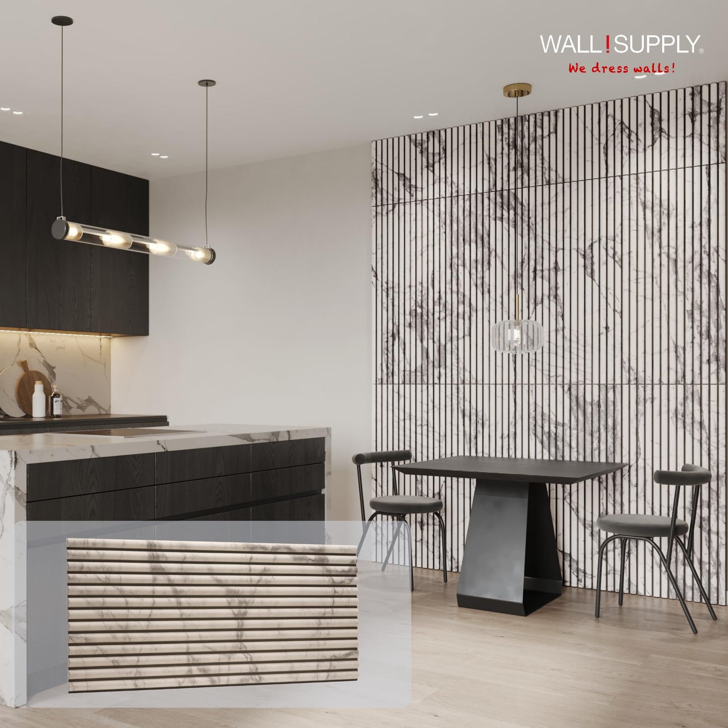 Wall!Supply 3D Wall Panels – Faux Marble Round Slatted – Home Decor Wallpaper Alternative for Living Room, Bedroom & Office – Easy DIY Installation – 4 Pack, Covers 24.96 Sq Ft