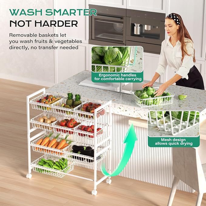 Cinati 4-Tier Snack Cart with Wheels, 29''W Toy Storage Organizer, Rolling Pantry Storage Cart with 10 Wire Baskets & Handle,Adjustable Metal Snack Rack, Kitchen Organizer for Fruit, Vegetables(White)