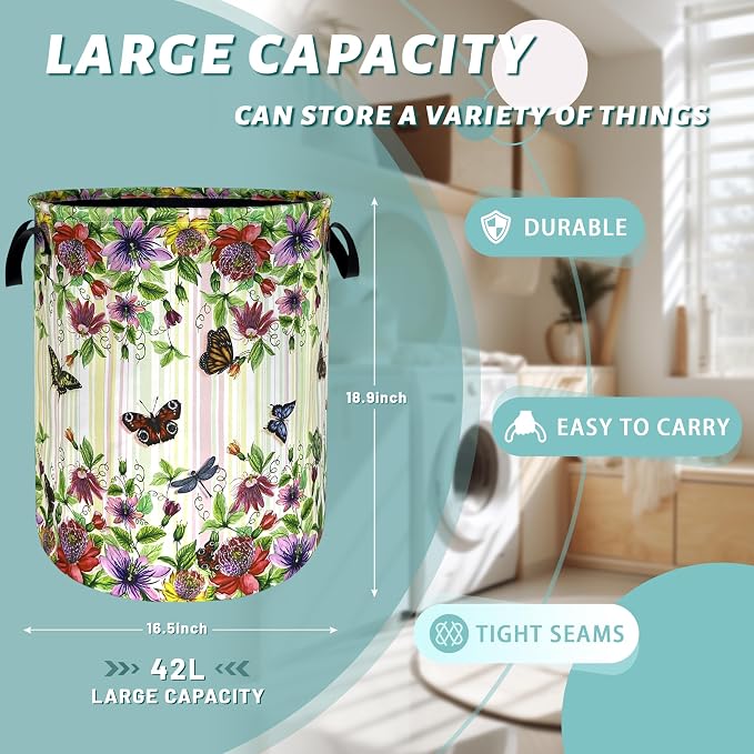 Beautiful Flowers Butterfly Laundry Basket Colorful Floral Laundry Hamper Foldable Oxford Cloth Cute Flower Tote Bag Clothes Toy Storage Bucket For Bathroom/Laundry Storage/Bedroom 18.9 x 16.5 Inch