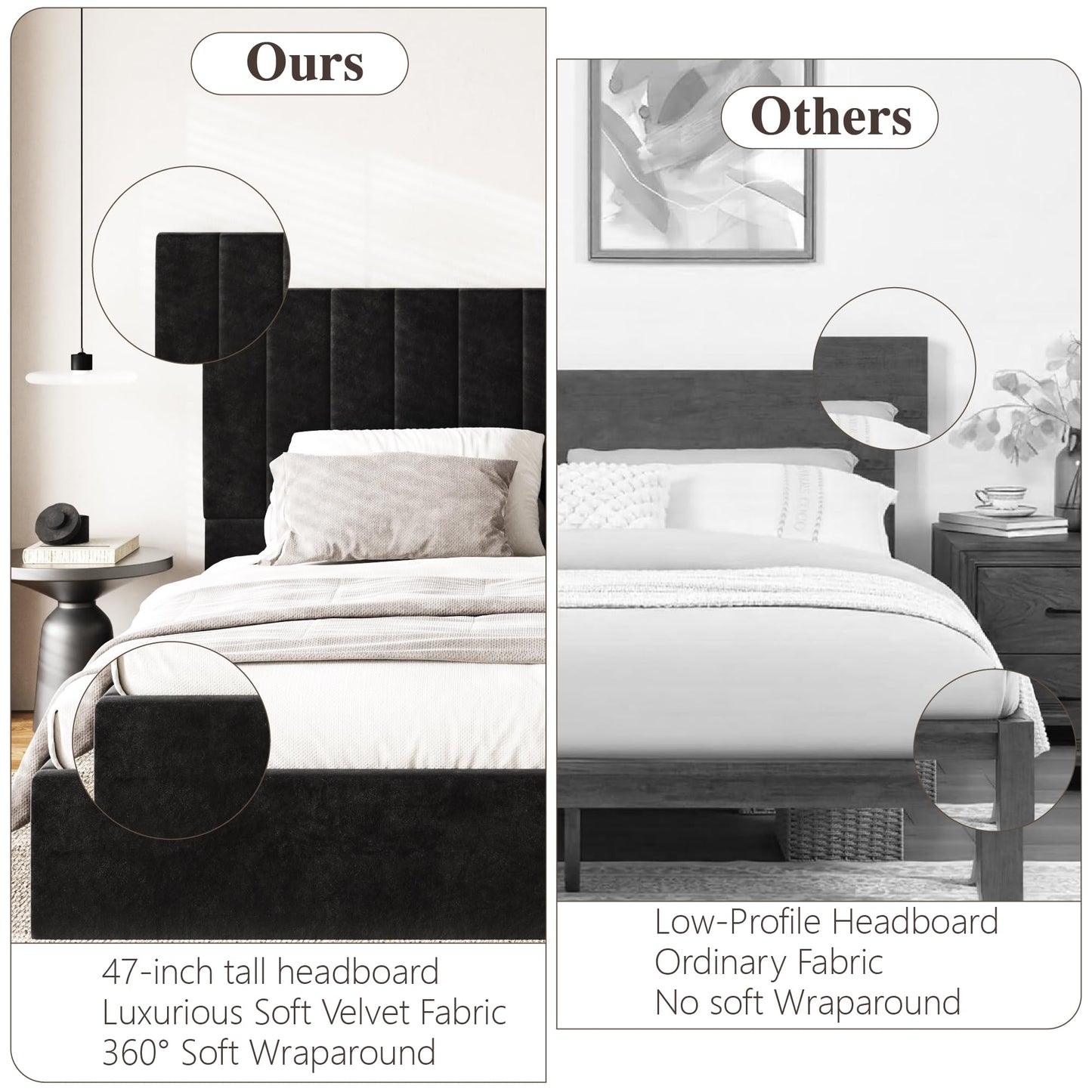 Sismplly Queen Size Cloud Bed Frame with 47" Tall Headboard, Velvet Upholstered Platform Bed with Thickened Sides & Footboard, Modern Floor-Standing Design, No Box Spring Needed, Easy Assembly, Black
