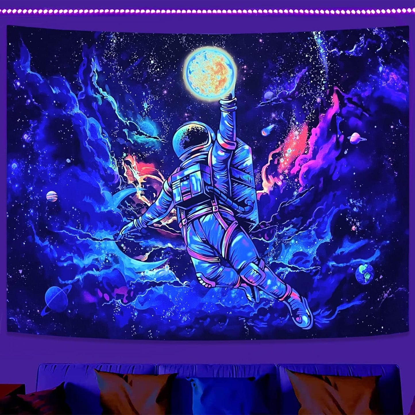 kampdream Blacklight Astronaut Space Tapestry, UV Reactive Galaxy Universe Planet Glow in Dark Tapestries for Men, Boys and Teens Cool Poster 36×48 inch