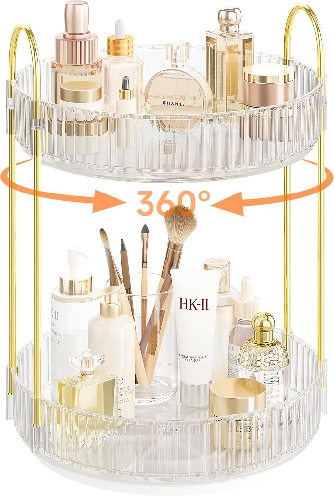 Rotating Makeup Organizer Countertop,Skincare Organizers,Spinning Perfume Tray Stand,Makeup Storage Organizer for Vanity,Bathroom Organizer and Storage,Lazy Susan,2 Tier,Clear