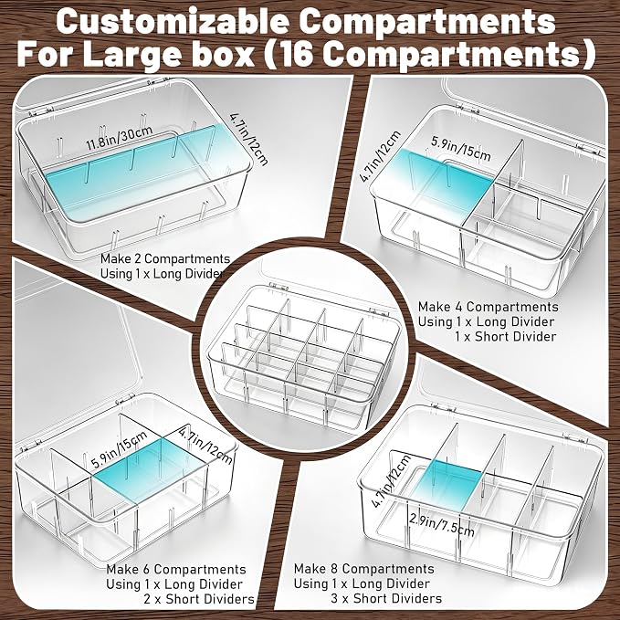 Tea Bag Organizer, 2 Pcs Clear Tea Organizers, Acrylic Storage Box with Lids, Stackable Partition Holder for Drawers, Countertops, Fridge, Kitchen (16 Compartments + 8 Compartments)