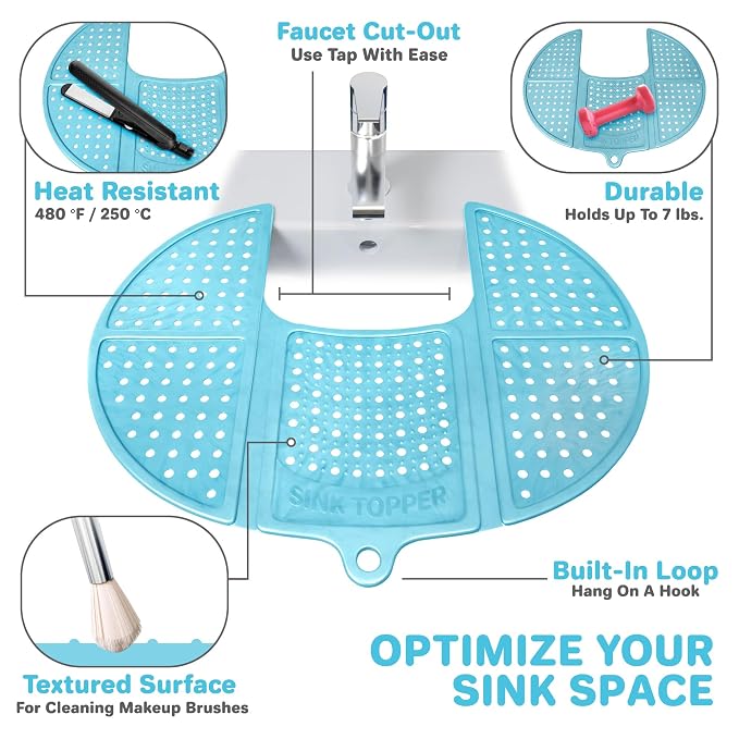 Sink Topper Bathroom Counter Cover & Storage Saver, Foldable Mat for Hot Tools, Hair Styling & Makeup, Beauty Brush Cleaning Mat, RV Camper Sink Cover & for Small Spaces (Standard Pacific Blue)