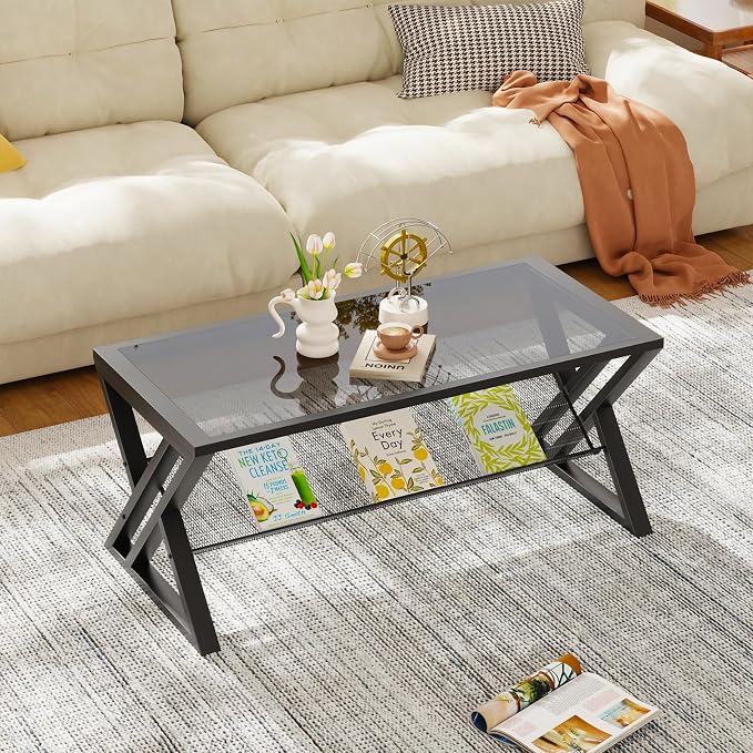 Wolawu Glass Coffee Table Living Room Table with Storage Shelf, Grey Glass Table Simple Modern Rectangular Tables with Sturdy Black Metal Frame,Industrial Glass Coffee Table for Bedroom Home Office