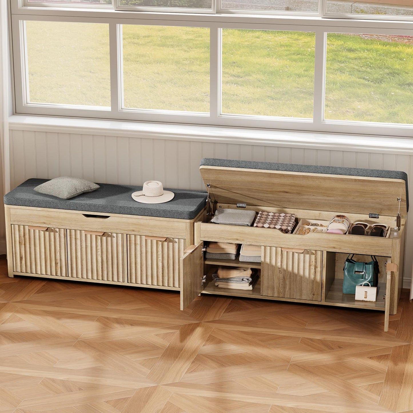 LOOMORA Shoe Bench with Storage - Lift Top Entryway Bench with Hidden Storage, Shoe Rack with Adjustable Shelves and Cushioned Seat, Wooden End of Bed Bench for Bedroom, Living Room and Hallway,Nature