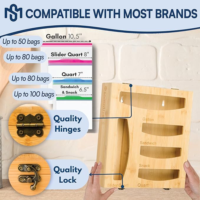 Storage Bag Holder, Baggie Organizer for Drawer or Wall Mount, Compatible with Gallon, Quart, Sandwich, Snack Size Bags, 1 Box 5 Slots, Bamboo Drawer Organizer, Baggie Holder