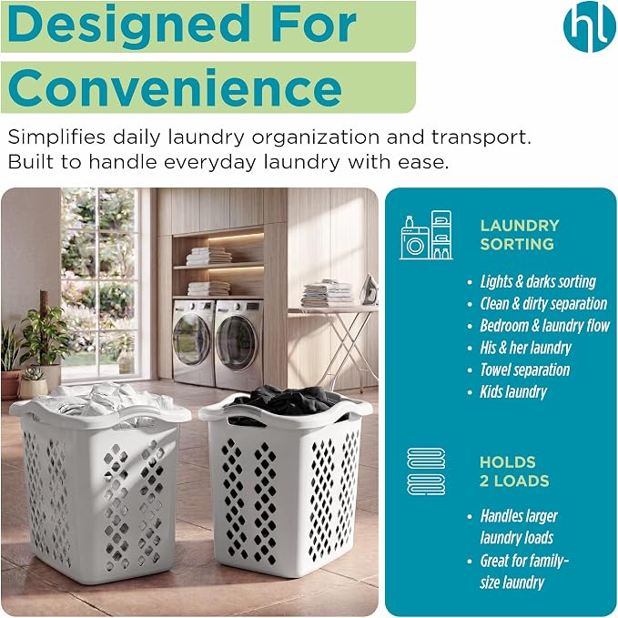 Home Logic 2 Bushel Plastic Laundry Basket Lamper, Large Laundry Hamper with Handles, Ventilated Clothes Organizer for Bedroom Bathroom Closet, 6 Pack, White