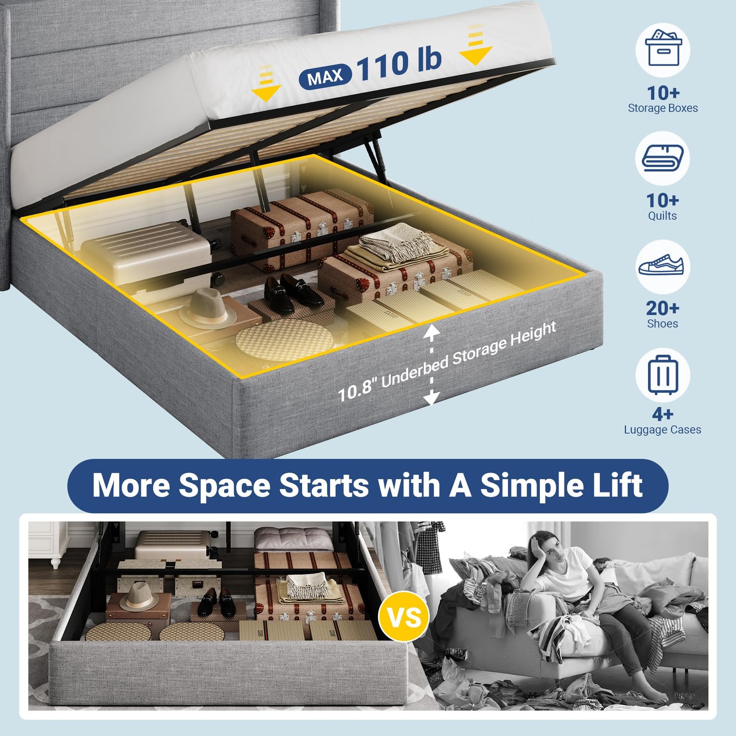 Allewie Queen Size Lift Up Storage Bed, Modern Wingback Headboard, Hydraulic Support, No Box Spring Needed, Light Grey