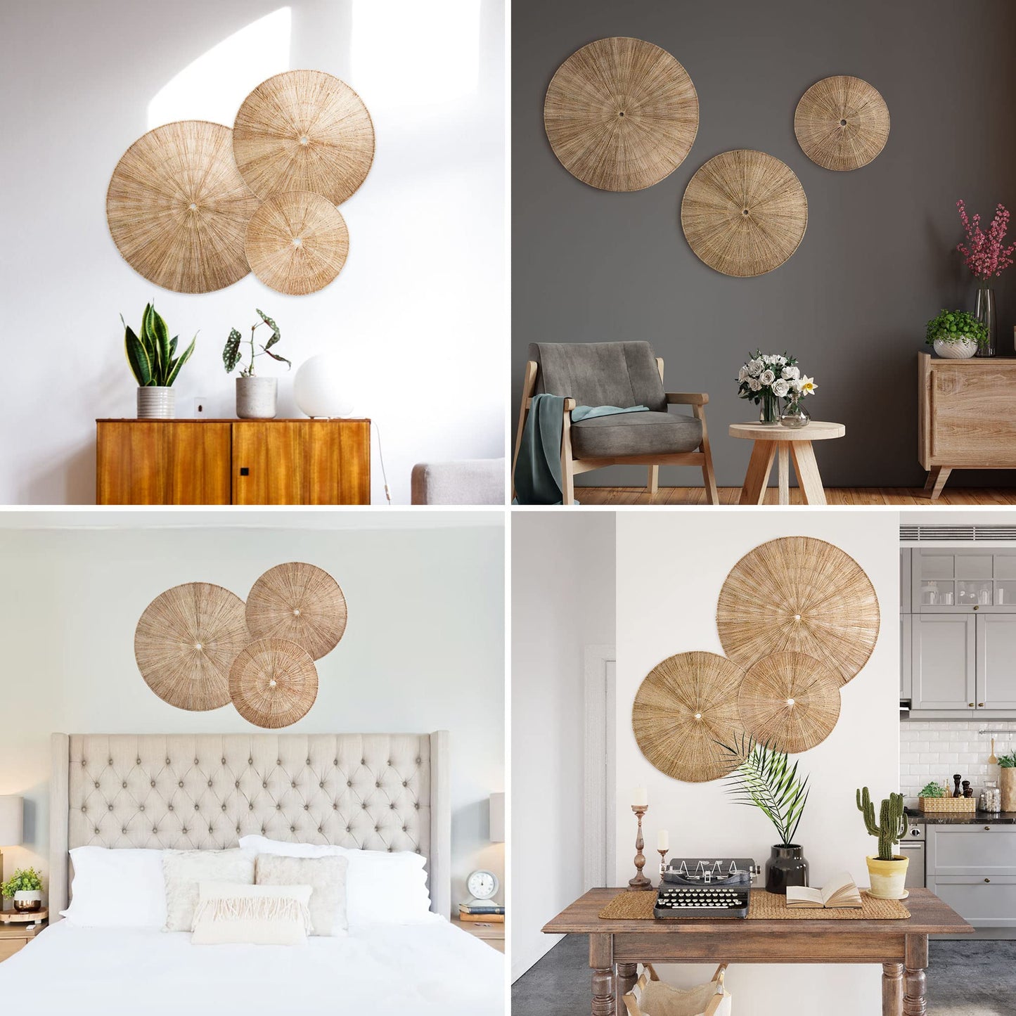 PEMAR Handwoven Wicker Wall Hanging Baskets Set of 3 – Round Jute Wall Decor (22", 19", 15"), Southwestern Boho Scandinavian Farmhouse Room Decorative Accents