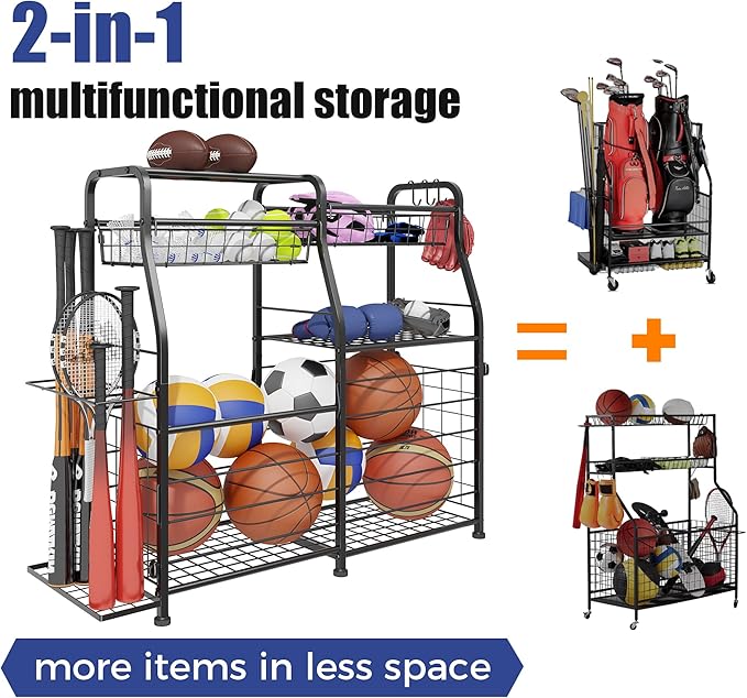 Garage Sports Equipment Organizer - Ball Storage Rack with Elastic Rope or Wire Mesh,Garage Organizer System with Wheels,Indoor/Outdoor Sports Rack for Sports Gear and Toys Storage,Black
