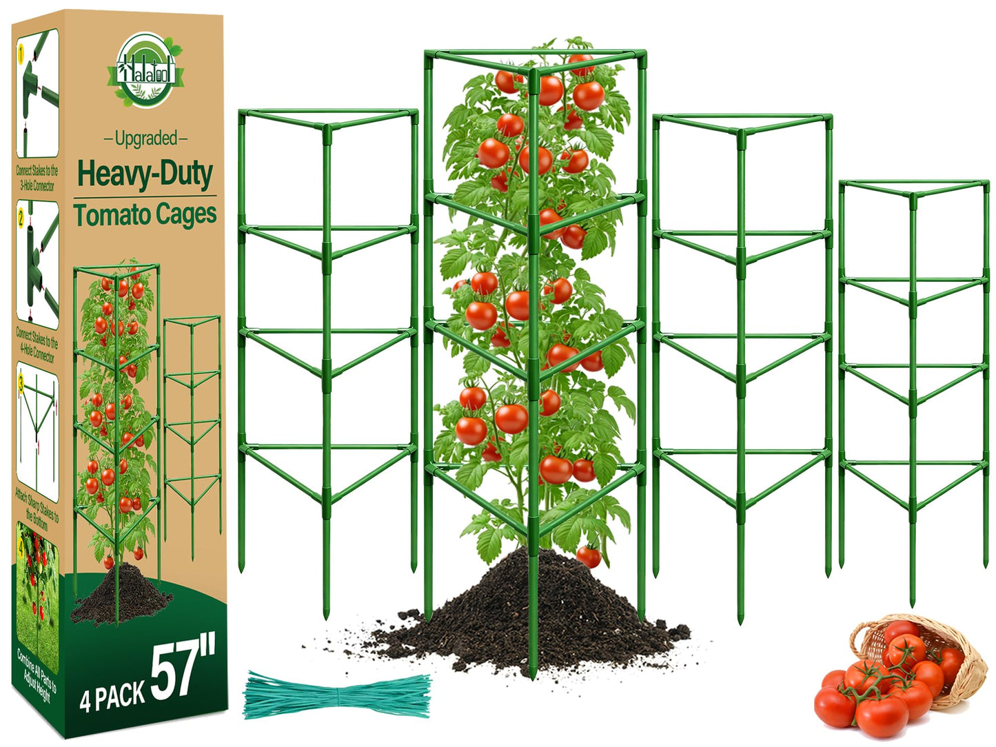 Halatool 57 Inch Tall Tomato Cages, 4 Pack Heavy Duty Metal Plant Supports Stakes for Garden, Adjustable Foldable Steel Trellis for Climbing Plants Cucumbers Peppers Cherry Flowers Vegetables Fruits