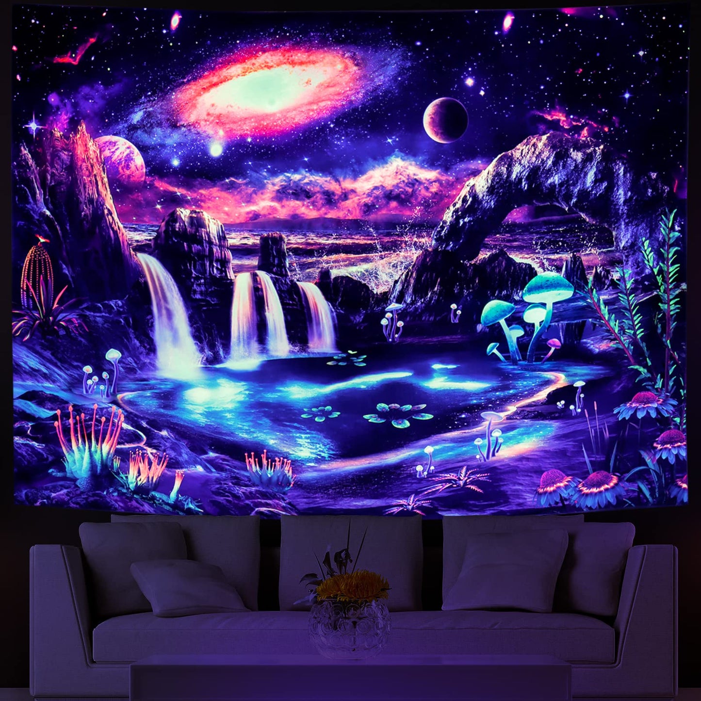 Lahasbja Blacklight Galaxy Planet Tapestry UV Reactive Waterfall Landscape Tapestry Mountain Wave Wall Tapestries Neon Nebula Plants Wall Hanging for Room