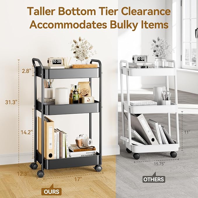 YASONIC 3-Tier Metal Rolling Cart, Sturdy Storage Utility Carts with Wheels, Multifunction Craft Art Organizer for Bedroom, Laundry, Garage, Office, Nursery, Bathroom, Easy Assembly (Black)