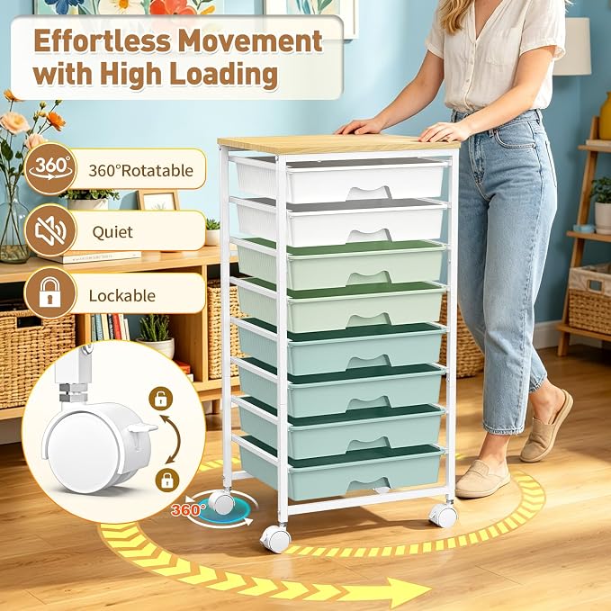 SUNALLY Rolling Storage Utility Cart With 8 Drawers, Storage Drawer Cart with Wooden Tabletop and 2 Lockable Wheels, 8 Tier Rolling Cart for Craft Art Supply Storage & Home Office Organization, Green