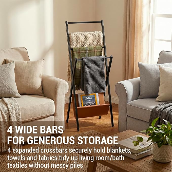 MyGift Blanket Ladder, Freestanding Blanket and Towel Rack with 4 Crossbars and Tan Leatherette Magazine Storage Holder – Modern Metal Floor Living Room or Bathroom Organizer Stand