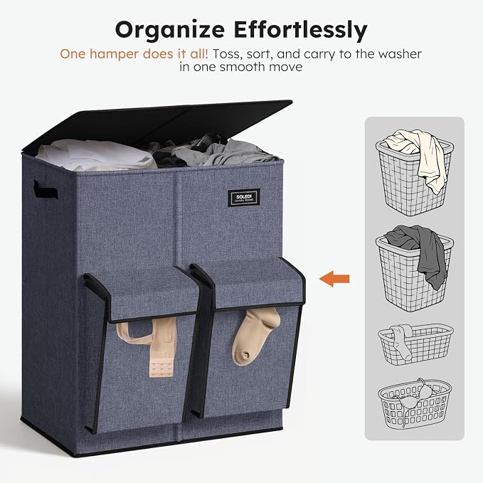 SOLEDI Double Laundry Hamper with Lid, 47.8 Gal (180L) Large Laundr Basket 2 Section with 2 Side Pockets, Dirty Clothes Hamper with Removable Bag, Easy to Carry for Laundry Room, Bedroom, Navy Blue