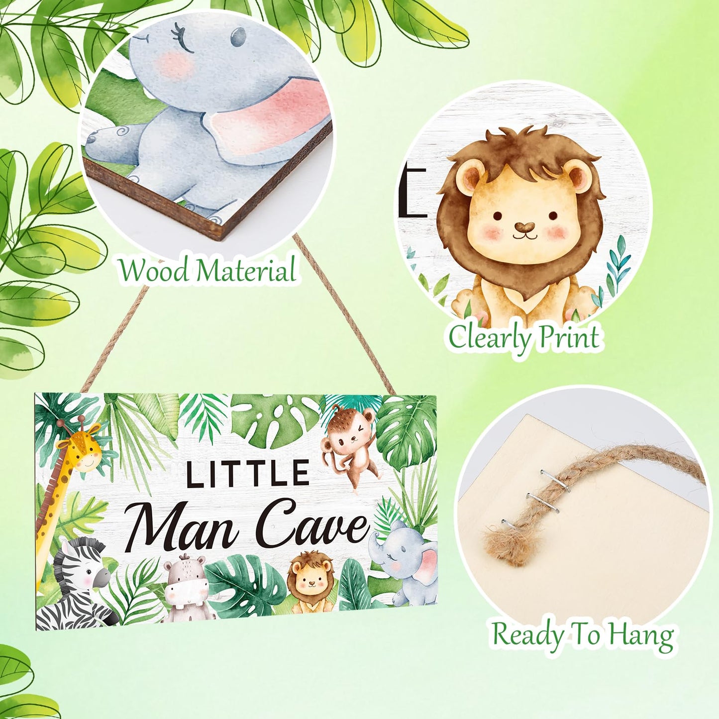 Guiqulai Safari Nursery Decor Woodland Animal Theme Little Man Cave Sign Safari Wall Decor for Toddler Boy Kids Bedroom Living Room, Wooden Animal Wall Art Decorations