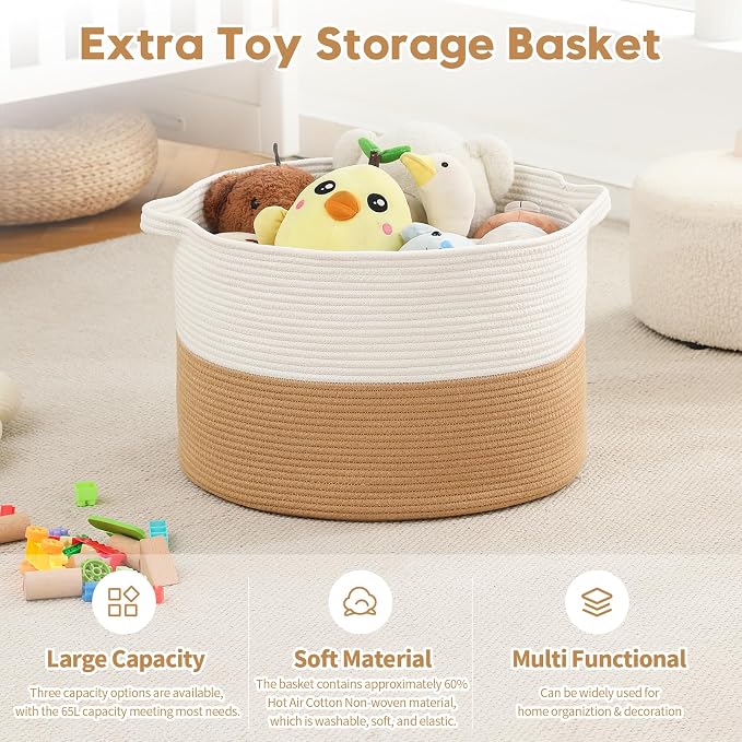 Foldable Laundry Hamper Basket with Collapsible Handle Cotton Rope Soft Woven Fabric Storage Organizer Clothes Toys Nursery Bedroom Dorm Space Saving Bin (White & Camel, 80L(21.7"D x 13.8"H))