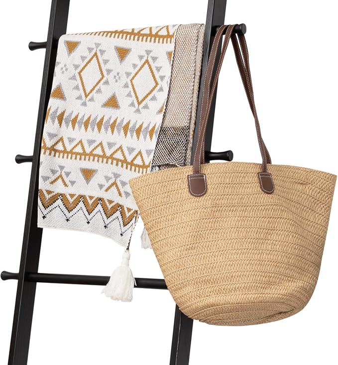 5-Tier Blanket Ladder – 4.8 Ft Wall Leaning Quilt Rack, Farmhouse Blanket Storage for Living Room, Bedroom & Bathroom – Rustic Decorative Wooden Towel & Quilt Holder, Easy to Assemble