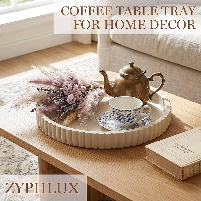 Round Decorative Trays & Coffee Table Tray, 11 Inch Fluted Coffee Table Centerpiece Decor, No Slip Modern Circle Concrete Organizer for Living Room, Console, Kitchen Island, Dresser