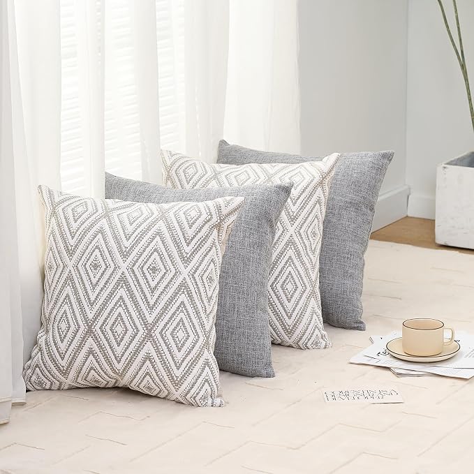 HPUK Throw Pillow Covers 20x20 Inch Set of 4, Linen Decorative Pillow Covers, Accent Cushion Covers for Couch Sofa Bed Bedroom Living Room Décor, Grey
