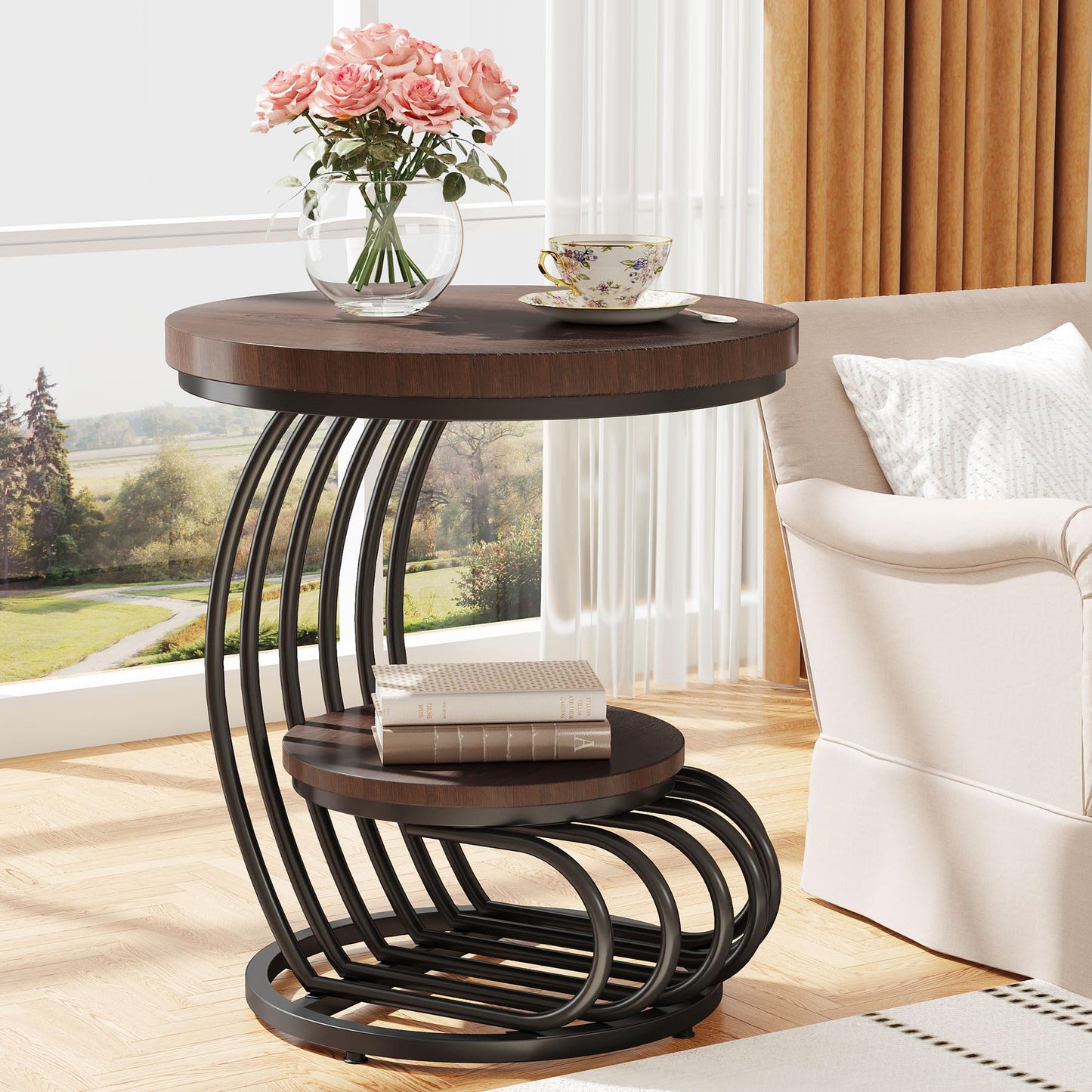 Tribesigns Round End Side Table: Side Table with 2 Tiers Storage Shelves, Vintage End Table for Living Room, Small Bedside Table Accent Table with Arc-Shaped Frame, Rustic Brown