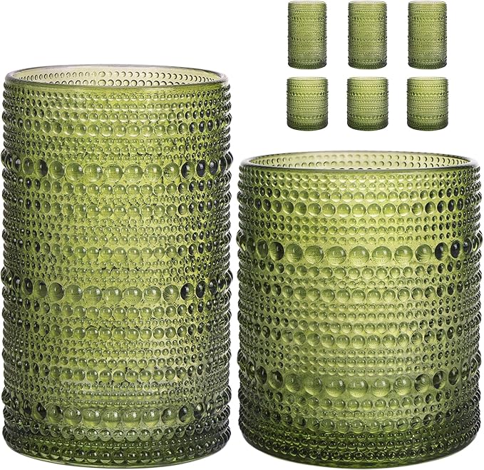 Moretoes Hobnail Drinking Glasses Set of 6, 12 Oz Highball Glasses & 10 Oz Cocktail Glasses, Clear Embossed Boho Glass Cups Kitchen Bar Tumbler Glassware Set for Whiskey, Beer, Juice, Milk (Green)