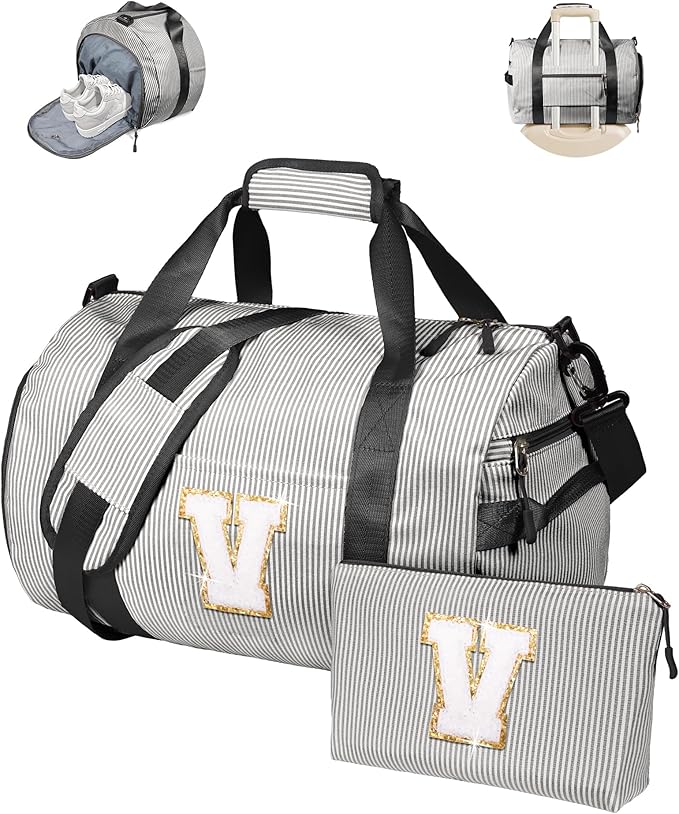 Gifts for Preteen, Girl Gym Bag, Kids Monogram Overnight Duffel Bags with Shoe Compartment, Personalized Travel Bag with Makeup Pouch, Kindergarten Gift for Niece Daughter Sister (Letter V)