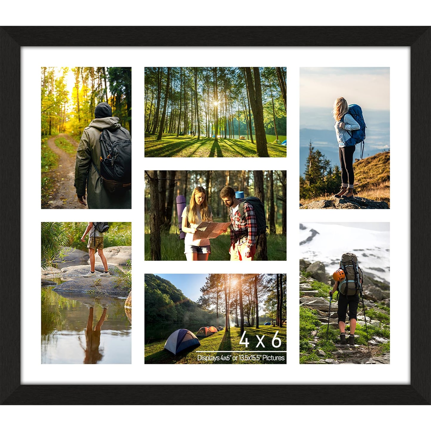 Lacopgr 4x6 Picture Frame Collage 7 Openings, 13.5"x15.5" Multi Photo Collage Frame 4"x6" Gallery Wall Decor Wooden, Black Frame with White Mat, Wood