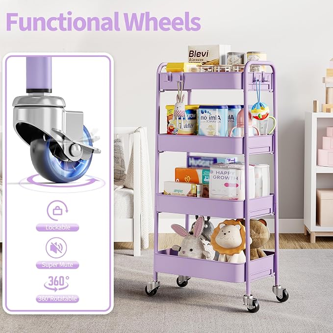 TOOLF 4-Tier Rolling Cart - Metal Storage Organizer with Lockable Wheels, 44 lbs Per Shelf Capacity, Tool-Free Assembly, for Kitchen Bathroom Office Laundry Room Nursery, Purple
