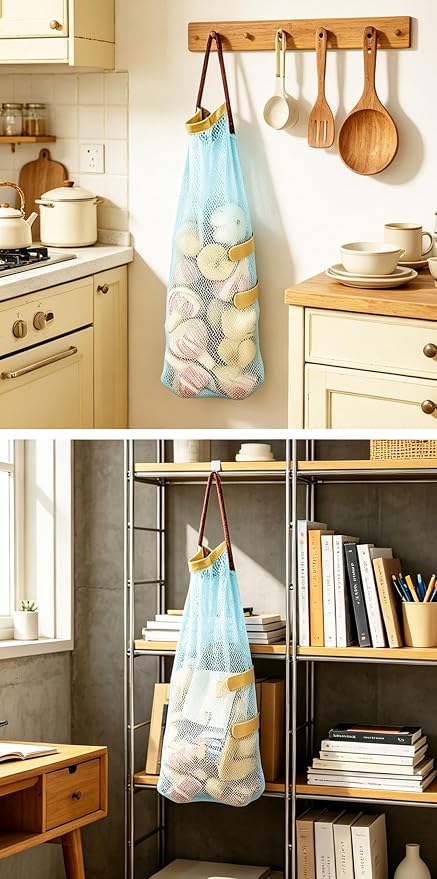 Ahyuan Hanging Mesh Storage Bags 5 Pack Onion Garlic Potatoes Net Mesh Bag Long and Large Reusable Net Produce Bags for Fruit Veggies Garbage Bag for Home RV Camper (Blue)