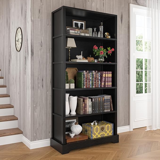 TVU 5-Tier Wooden Bookshelf, 65" Tall Farmhouse Style Open Bookcase, 31.5" W Standing Book Shelf with Storage, Suitable for Study, Living Room, Office, Blcak